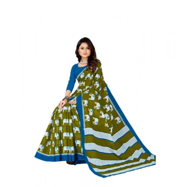 Women's Soft Pure Cotton Printed Saree With Unstitched Blouse 5.5Mtr (Mehendi green) - Image 3