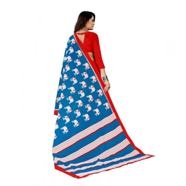 Women's Soft Pure Cotton Printed Saree With Unstitched Blouse 5.5Mtr (Blue) - Image 3