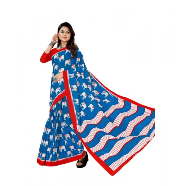 Women's Soft Pure Cotton Printed Saree With Unstitched Blouse 5.5Mtr (Blue) - Image 2