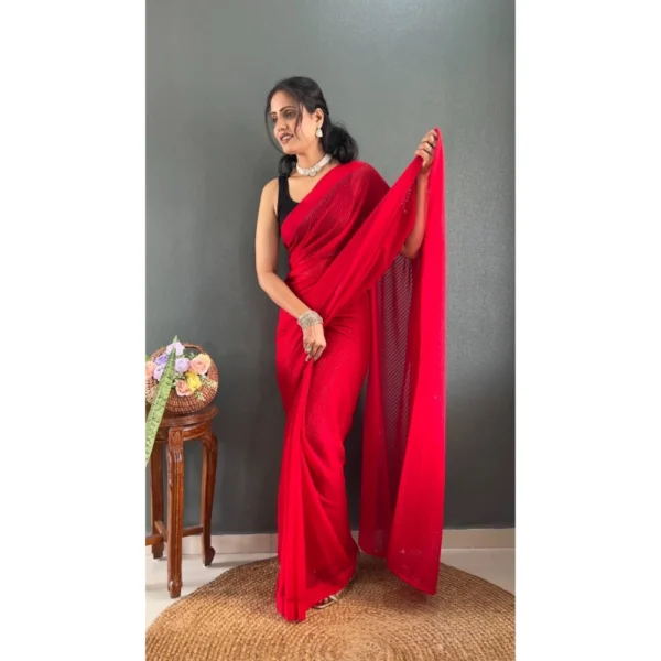 Women's Chiffon Solid Ready to wear Saree With Unstitched Blouse 5.5 Mtr (Red) - Image 2