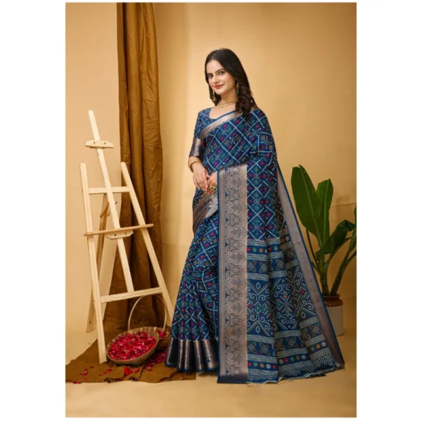 Women's Soft Dola Cotton Kalamkari Printed Saree With Unstitched Blouse 5.5Mtr (Blue) - Image 4