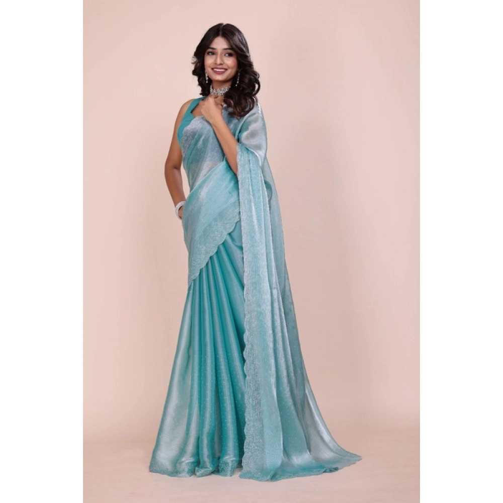 Women's Jimmy choo Embellished Bollywood Saree With Unstitched Blouse 5.5Mtr (Light Blue) - Image 2