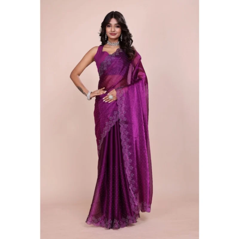 Alternative view of Women's Tissue Pure Silk Embellished Bollywood Saree With Unstitched Blouse 5.5Mtr (Purple)