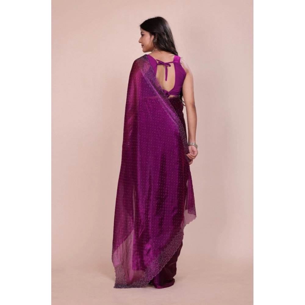 Women's Jimmy choo Embellished Bollywood Saree With Unstitched Blouse 5.5Mtr (Purple) - Image 2