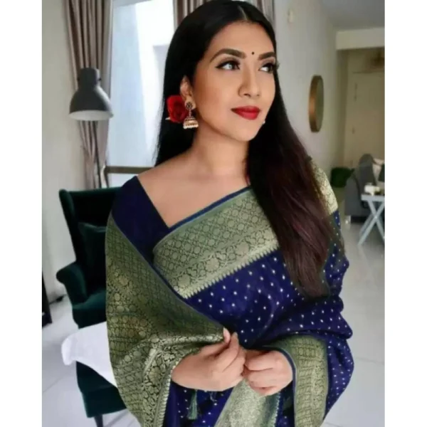 Women's Litchi silk Printed Saree With Unstitched Blouse (Blue) - Image 2