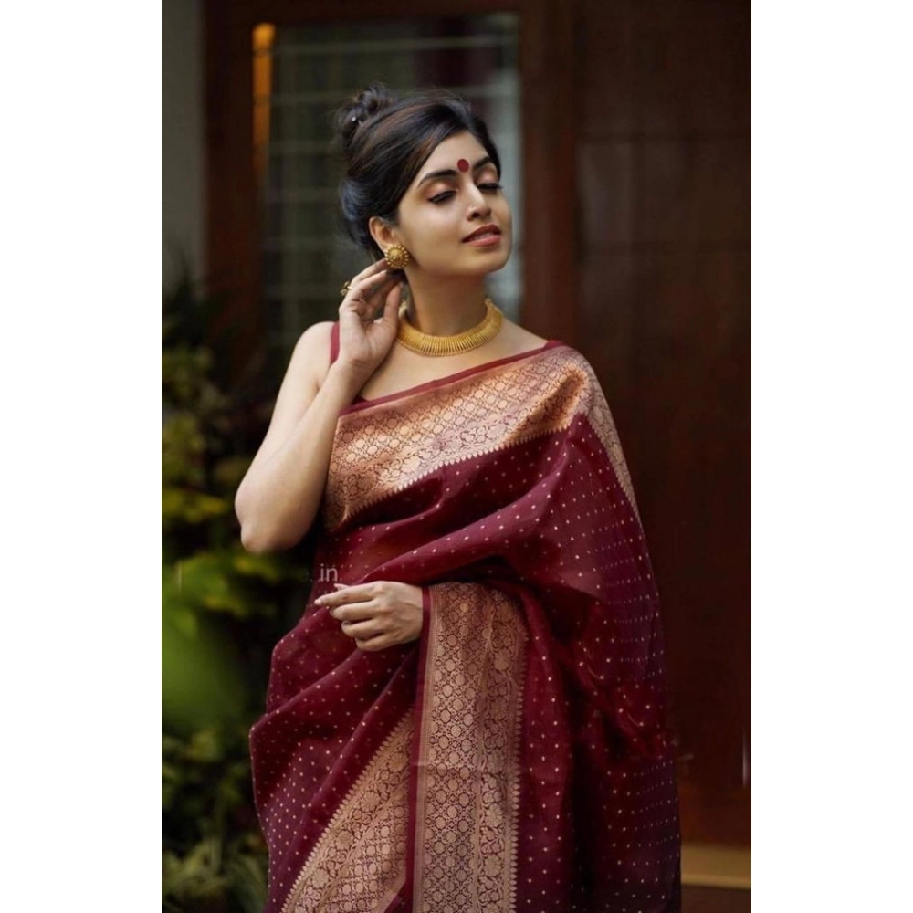 Women's Litchi silk Printed Saree With Unstitched Blouse (Maroon) - Image 3