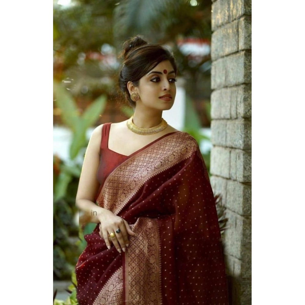 Women's Litchi silk Printed Saree With Unstitched Blouse (Maroon) - Image 2