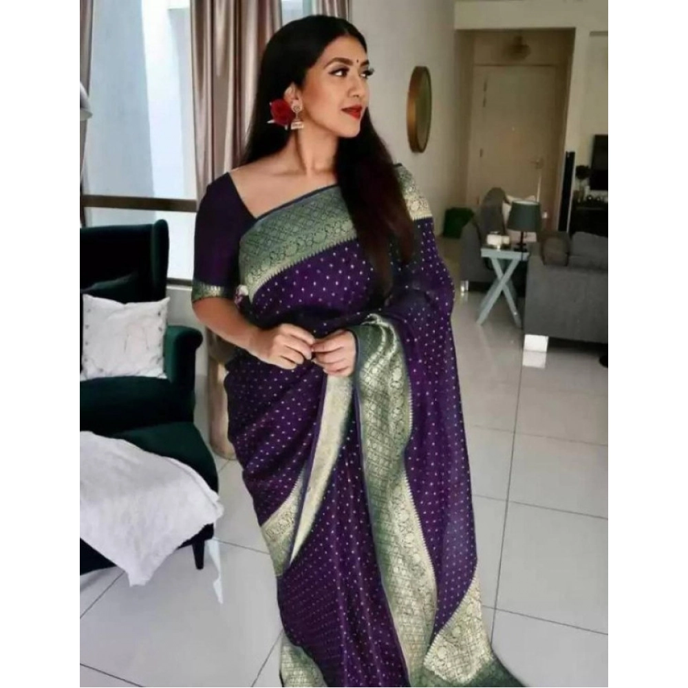 Women's Litchi silk Printed Saree With Unstitched Blouse (Purple)