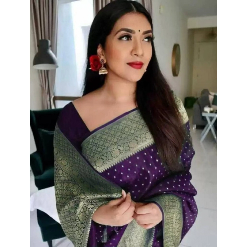 Women's Litchi silk Printed Saree With Unstitched Blouse (Purple) - Image 2