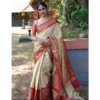 Women's Litchi silk Printed Saree With Unstitched Blouse (Beige)