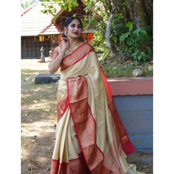Women's Litchi silk Printed Saree With Unstitched Blouse (Beige) - Image 3