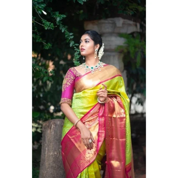 Women's Litchi silk Printed Saree With Unstitched Blouse (Green) - Image 4