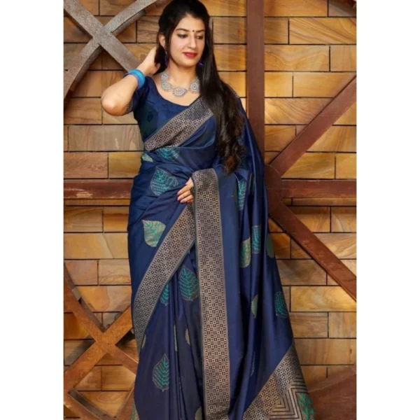 Women's Litchi silk Printed Saree With Unstitched Blouse (Blue) - Image 2