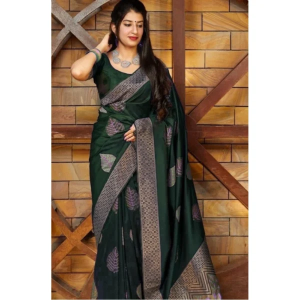 Women's Litchi silk Printed Saree With Unstitched Blouse (Green) - Image 2