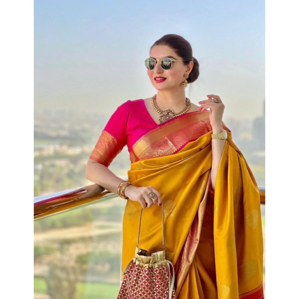 Women's Litchi silk Printed Saree With Unstitched Blouse (Yellow) - Image 3