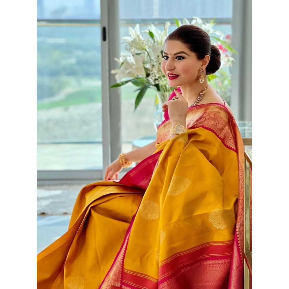 Women's Litchi silk Printed Saree With Unstitched Blouse (Yellow) - Image 2