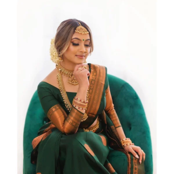Women's Litchi silk Printed Saree With Unstitched Blouse (Green) - Image 2
