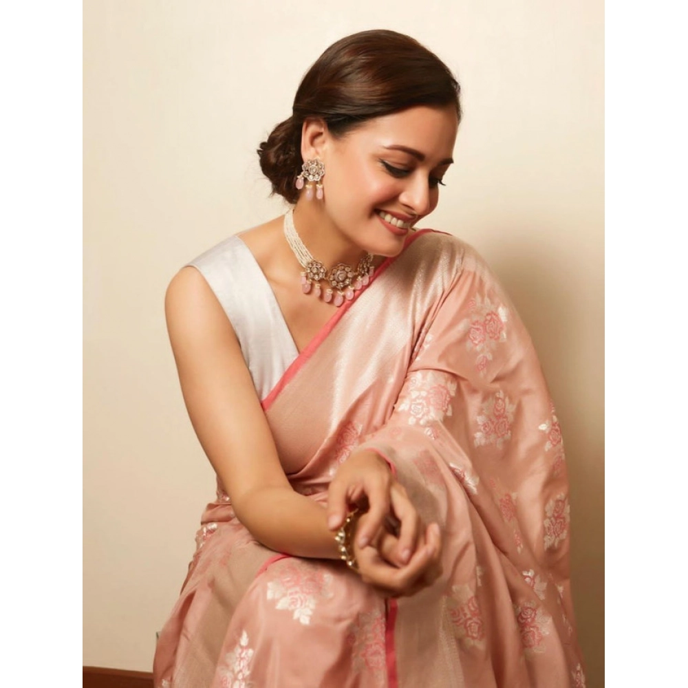 Women's Litchi silk Printed Saree With Unstitched Blouse (Peach) - Image 2