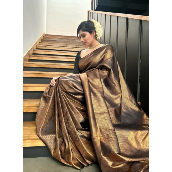 Women's Litchi silk Printed Saree With Unstitched Blouse (Gold) - Image 3