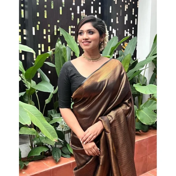 Women's Litchi silk Printed Saree With Unstitched Blouse (Gold) - Image 2