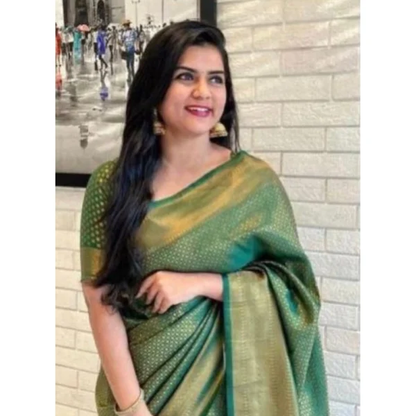 Women's Litchi silk Printed Saree With Unstitched Blouse (Green) - Image 2