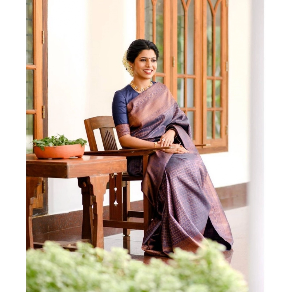 Women's Litchi silk Printed Saree With Unstitched Blouse (Navy Blue) - Image 2