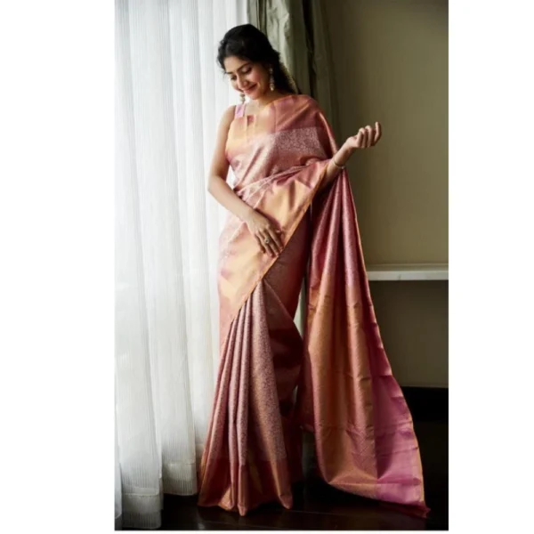 Women's Litchi silk Printed Saree With Unstitched Blouse (Light Pink) - Image 2