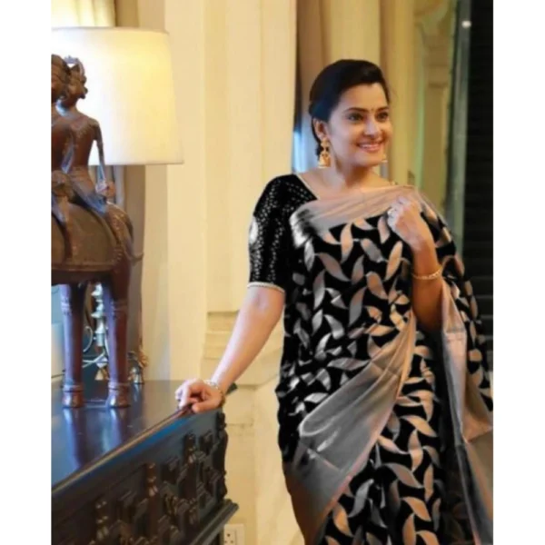 Women's Litchi silk Printed Saree With Unstitched Blouse (Black) - Image 2