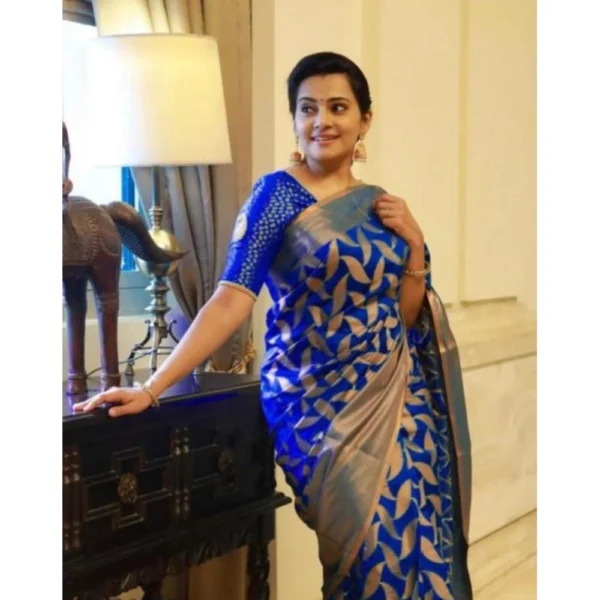 Women's Litchi silk Printed Saree With Unstitched Blouse (Blue) - Image 2