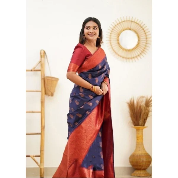 Women's Litchi silk Printed Saree With Unstitched Blouse (Blue) - Image 3