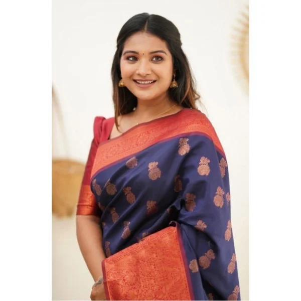 Women's Litchi silk Printed Saree With Unstitched Blouse (Blue) - Image 2