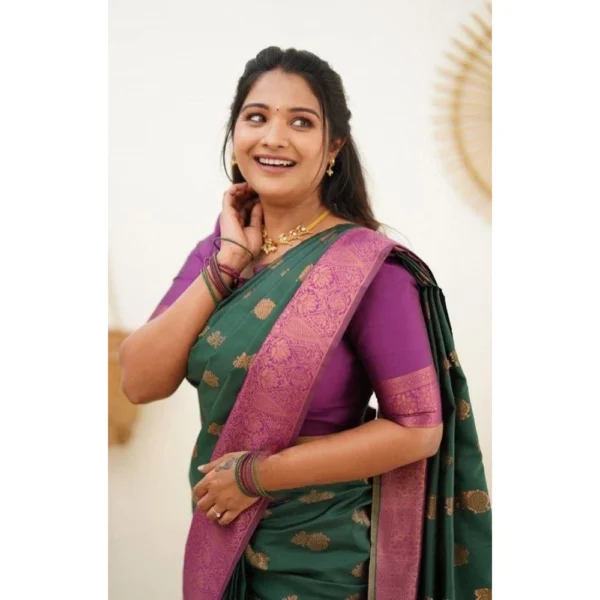 Women's Litchi silk Printed Saree With Unstitched Blouse (Green) - Image 3