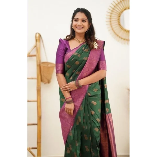 Women's Litchi silk Printed Saree With Unstitched Blouse (Green) - Image 2