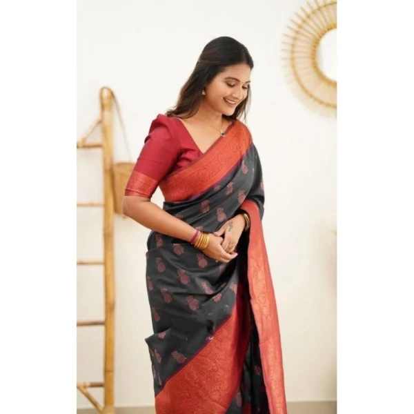 Women's Litchi silk Printed Saree With Unstitched Blouse (Grey) - Image 3
