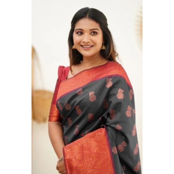 Women's Litchi silk Printed Saree With Unstitched Blouse (Grey) - Image 2