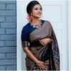 Women's Litchi silk Printed Saree With Unstitched Blouse (Blue)