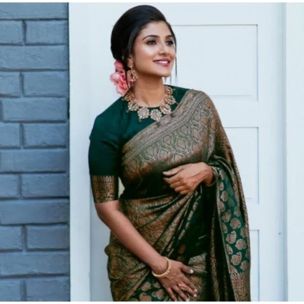 Women's Litchi silk Printed Saree With Unstitched Blouse (Green) - Image 2