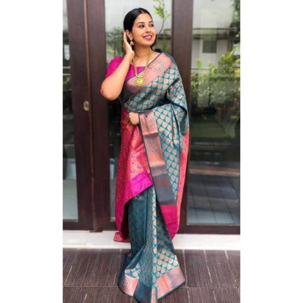 Women's Litchi silk Printed Saree With Unstitched Blouse (Blue) - Image 3