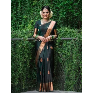 Women's Litchi silk Printed Saree With Unstitched Blouse (Green)