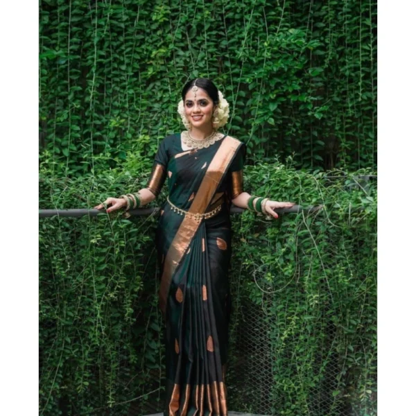 Women's Litchi silk Printed Saree With Unstitched Blouse (Green) - Image 3