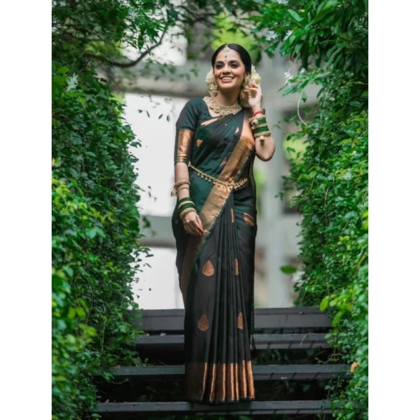 Women's Litchi silk Printed Saree With Unstitched Blouse (Green) - Image 2