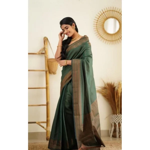 Women's Litchi silk Printed Saree With Unstitched Blouse (Green) - Image 3