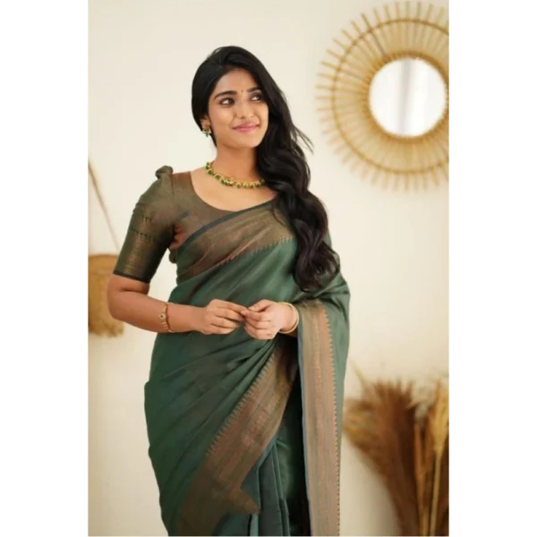 Women's Litchi silk Printed Saree With Unstitched Blouse (Green) - Image 2