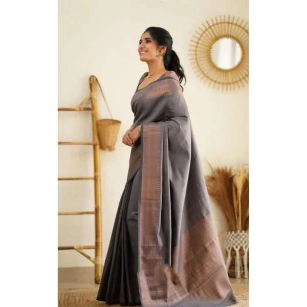 Women's Litchi silk Printed Saree With Unstitched Blouse (Grey) - Image 4