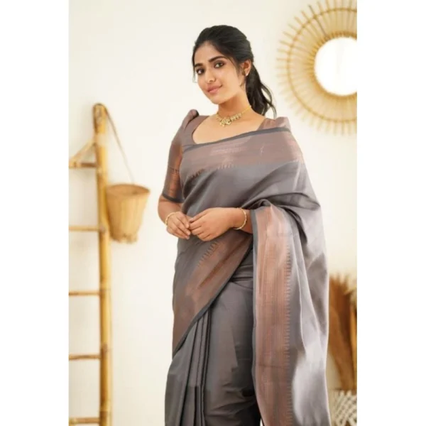 Women's Litchi silk Printed Saree With Unstitched Blouse (Grey) - Image 3