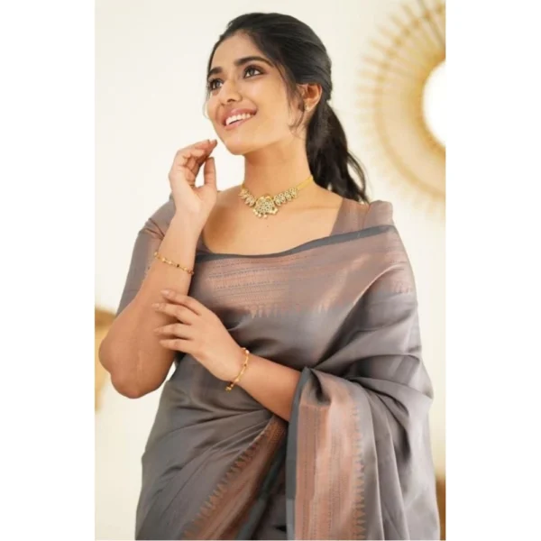 Women's Litchi silk Printed Saree With Unstitched Blouse (Grey) - Image 2