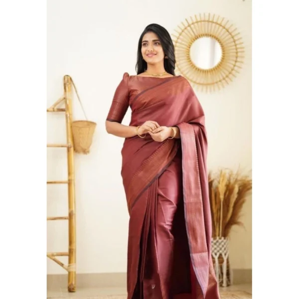 Women's Litchi silk Printed Saree With Unstitched Blouse (Maroon) - Image 2