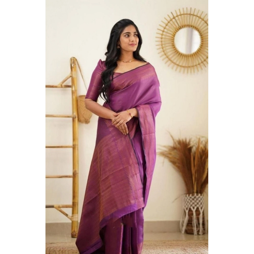 Women's Litchi silk Printed Saree With Unstitched Blouse (Purple) - Image 4