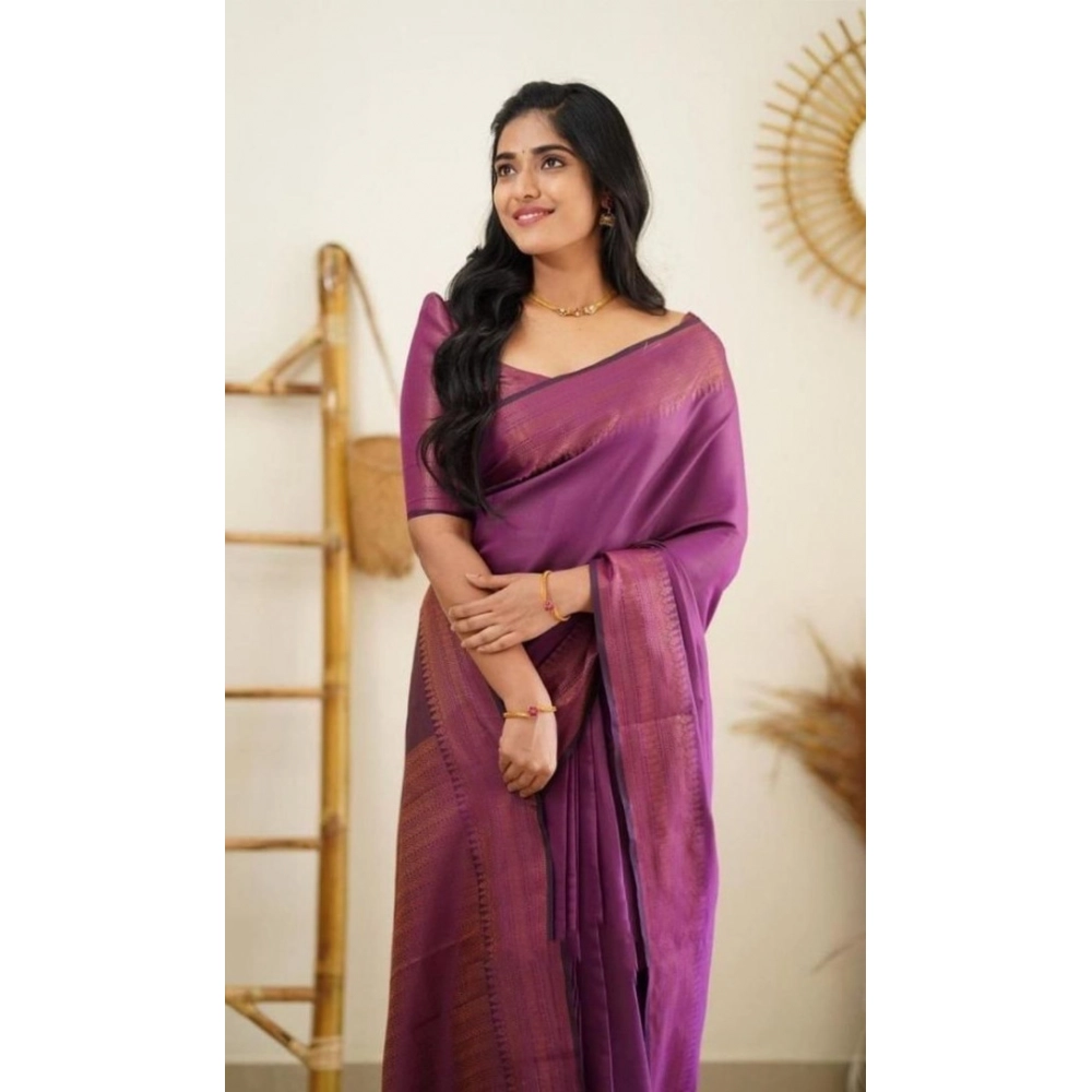 Women's Litchi silk Printed Saree With Unstitched Blouse (Purple) - Image 3