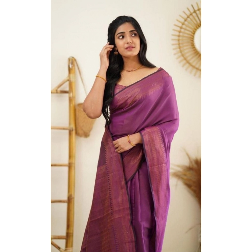 Women's Litchi silk Printed Saree With Unstitched Blouse (Purple) - Image 2